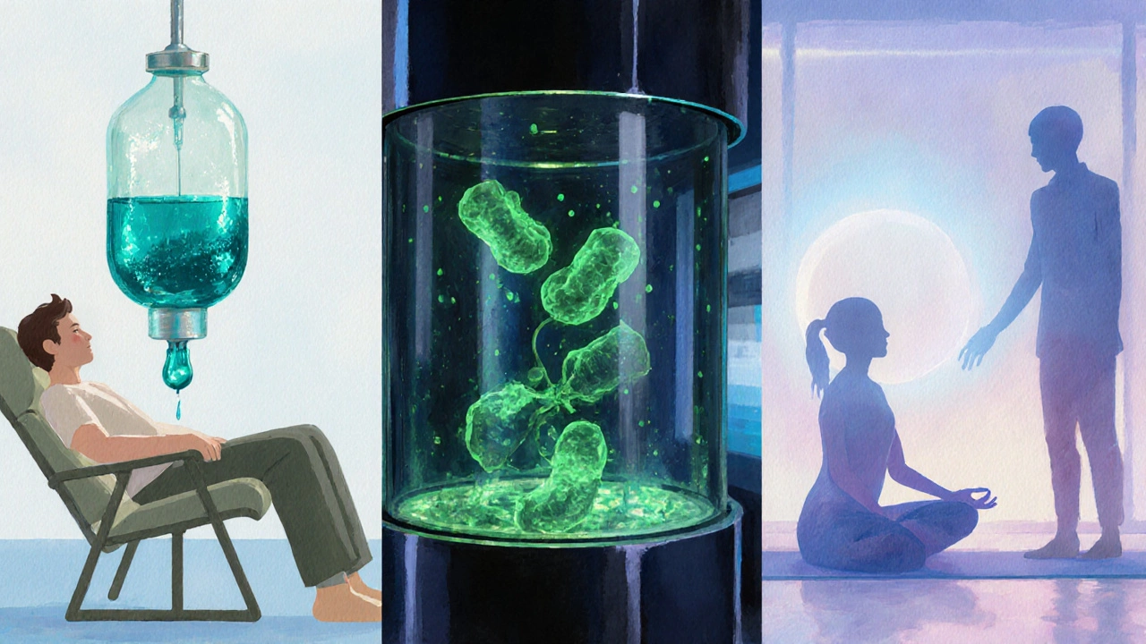 Artistic collage of proteasome inhibitor IV, CAR‑T preparation, stem‑cell transplant, and supportive activities.