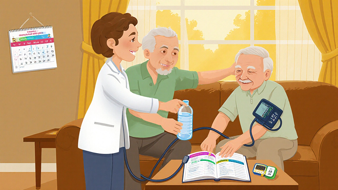 Caregiver assisting senior with water, blood pressure cuff, and health logbook.
