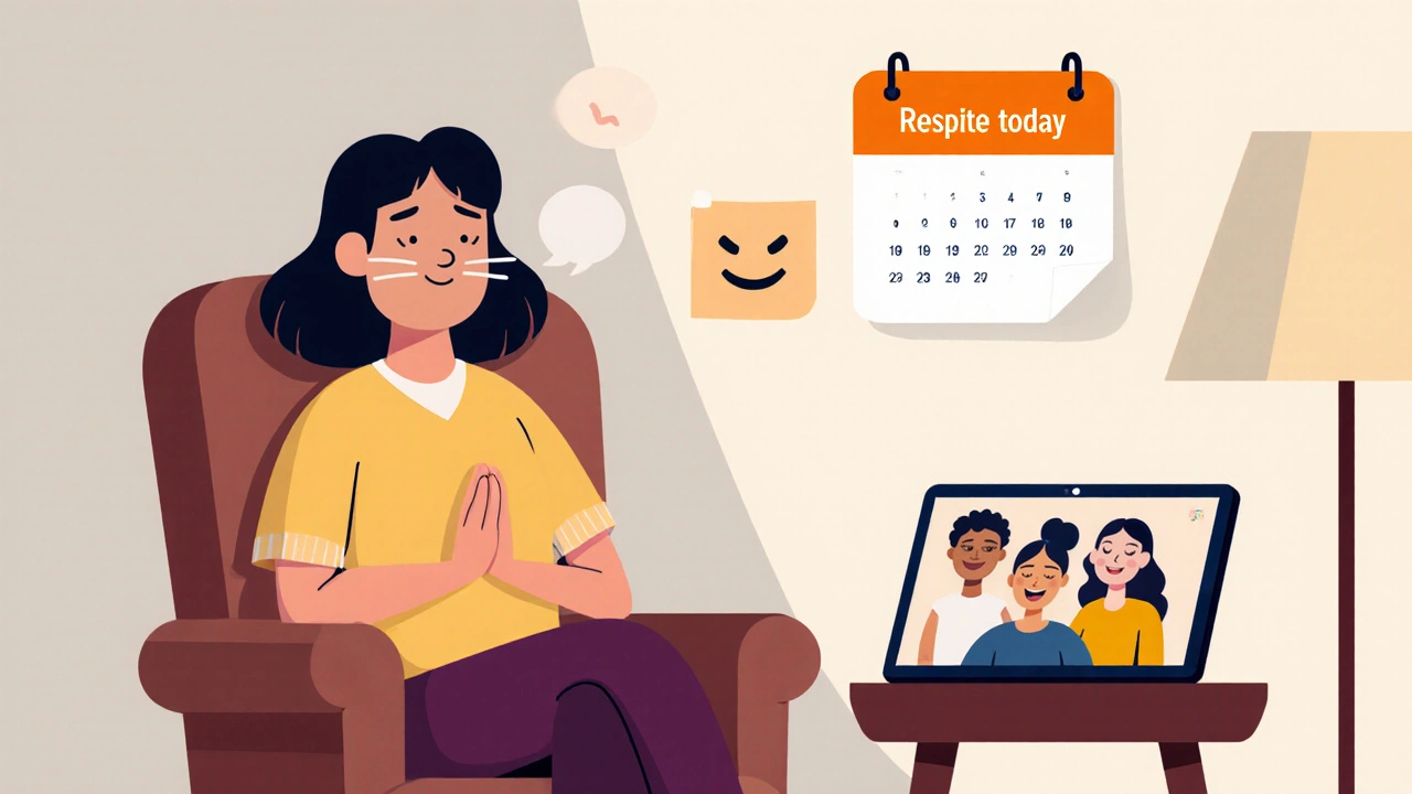 Caregiver meditating in a cozy corner while video chatting with a support group.