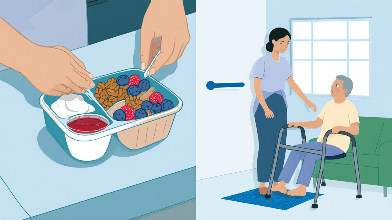 Caregiver preparing a snack box and assisting a patient with a walker near a grab bar.