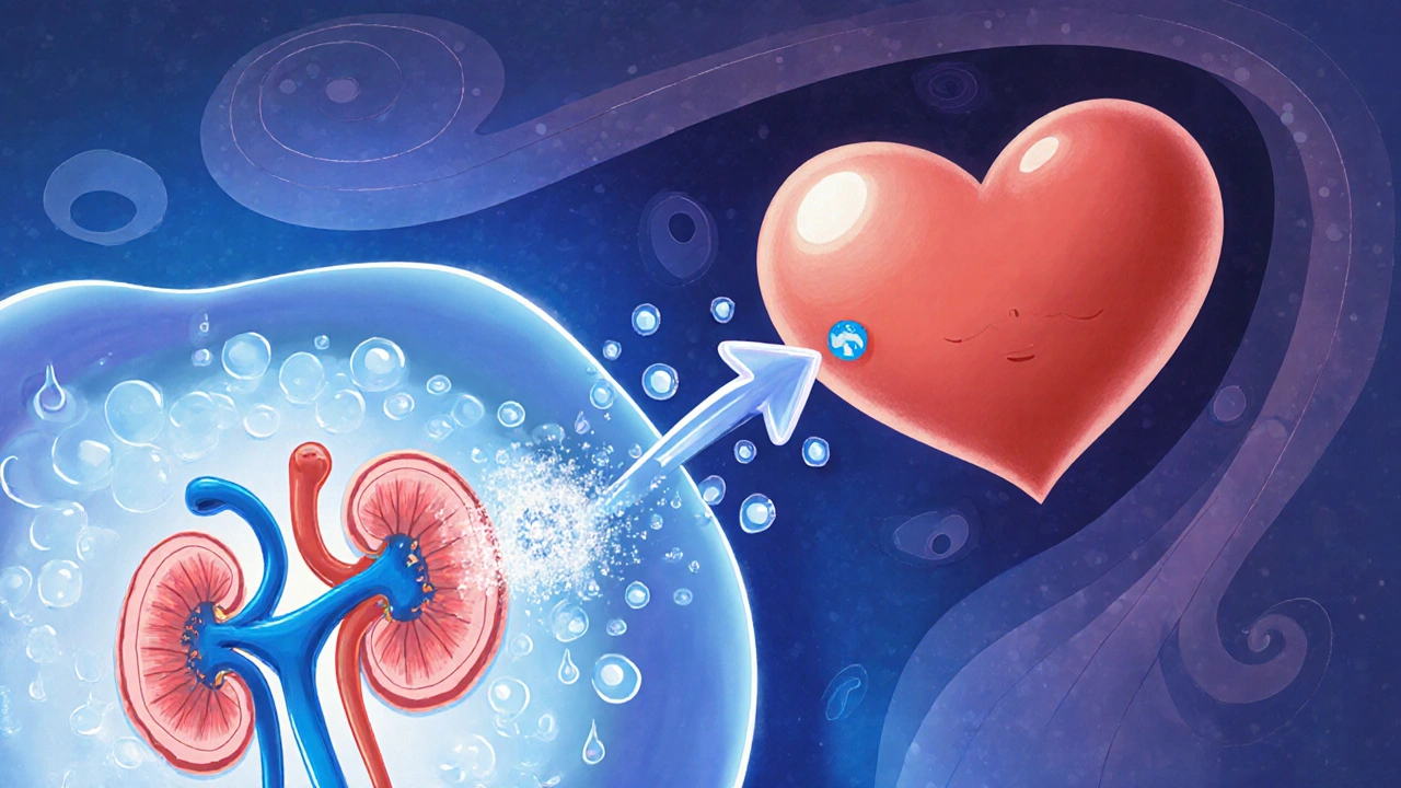 Cartoon kidneys releasing sugar‑rich urine and a relaxed heart showing fluid loss benefits.