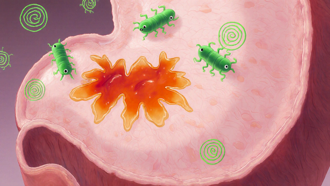 Close‑up of a stomach lining with a red ulcer and cartoon H. pylori bacteria.
