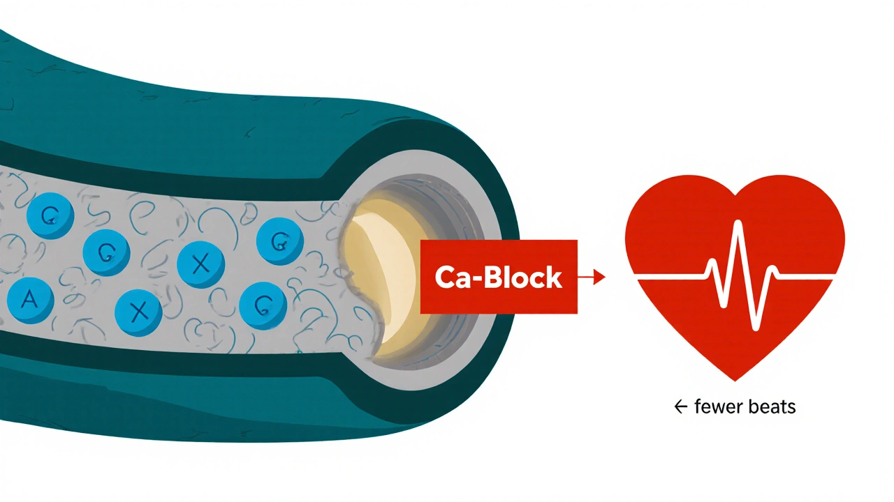 Cross‑section of artery showing calcium blocked and lumen widening, with calm heart pulse.