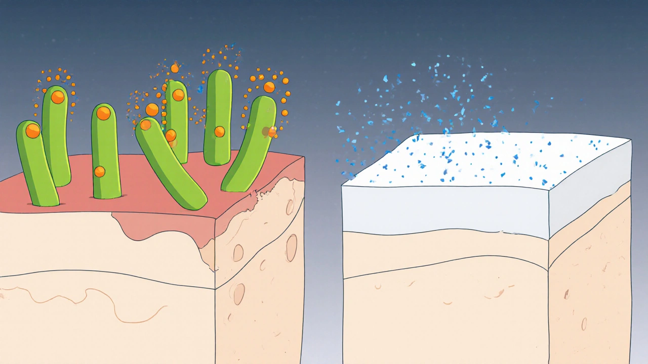 Cross‑section showing BZK killing bacteria and ZnO forming a protective barrier.