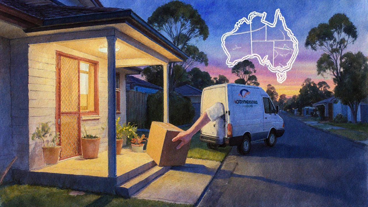 Delivery person handing an unmarked box containing medication to a homeowner at dusk.