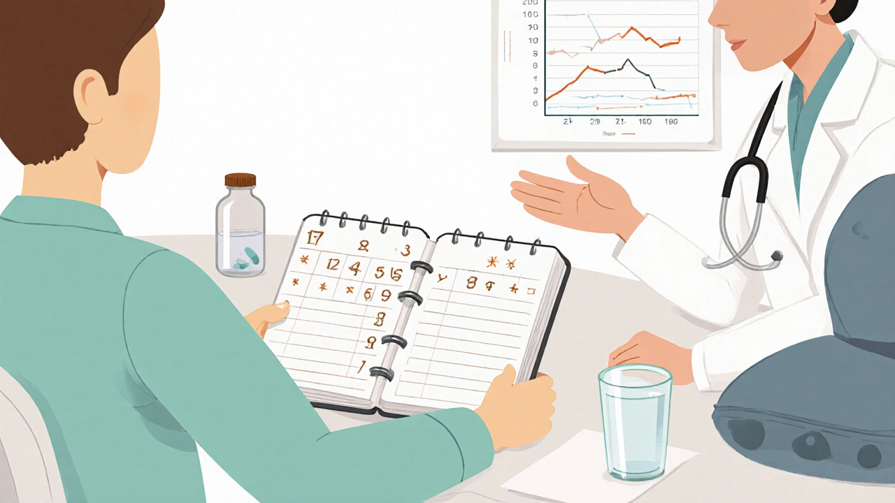 Doctor and patient discuss side‑effects, patient holds a logbook.