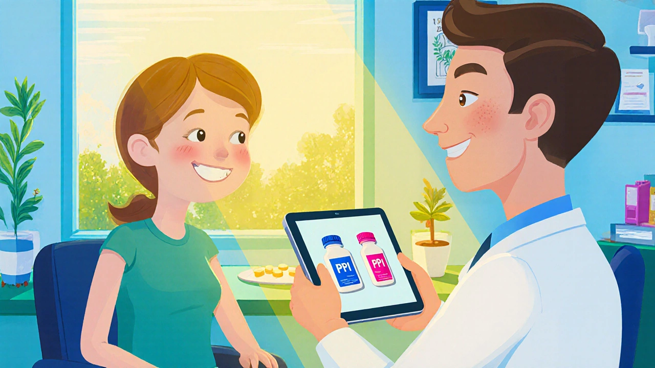 Doctor and patient talking about ulcer treatment in a bright office.
