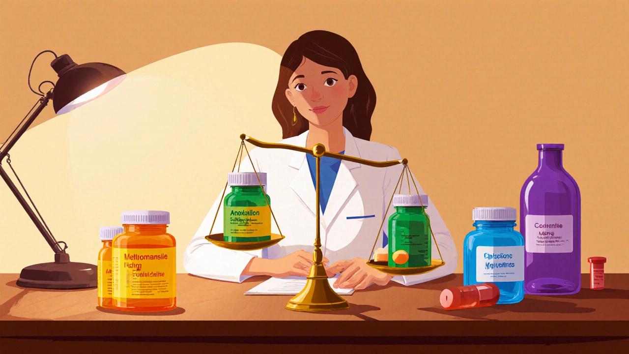 Doctor balances pill bottles and IV vial on a scale to choose an antibiotic.