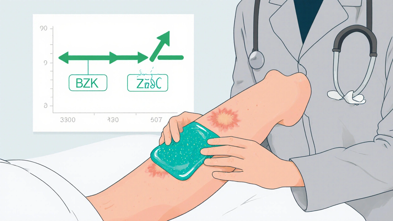Doctor checking a healed ulcer covered by a hydrogel dressing with BZK and ZnO.
