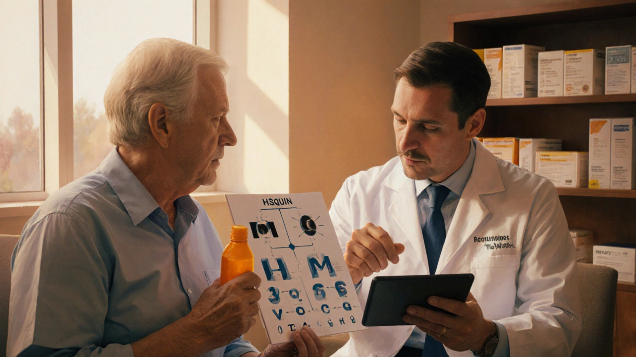 Doctor discussing treatment options with a patient, surrounded by drug boxes and eye‑exam items.
