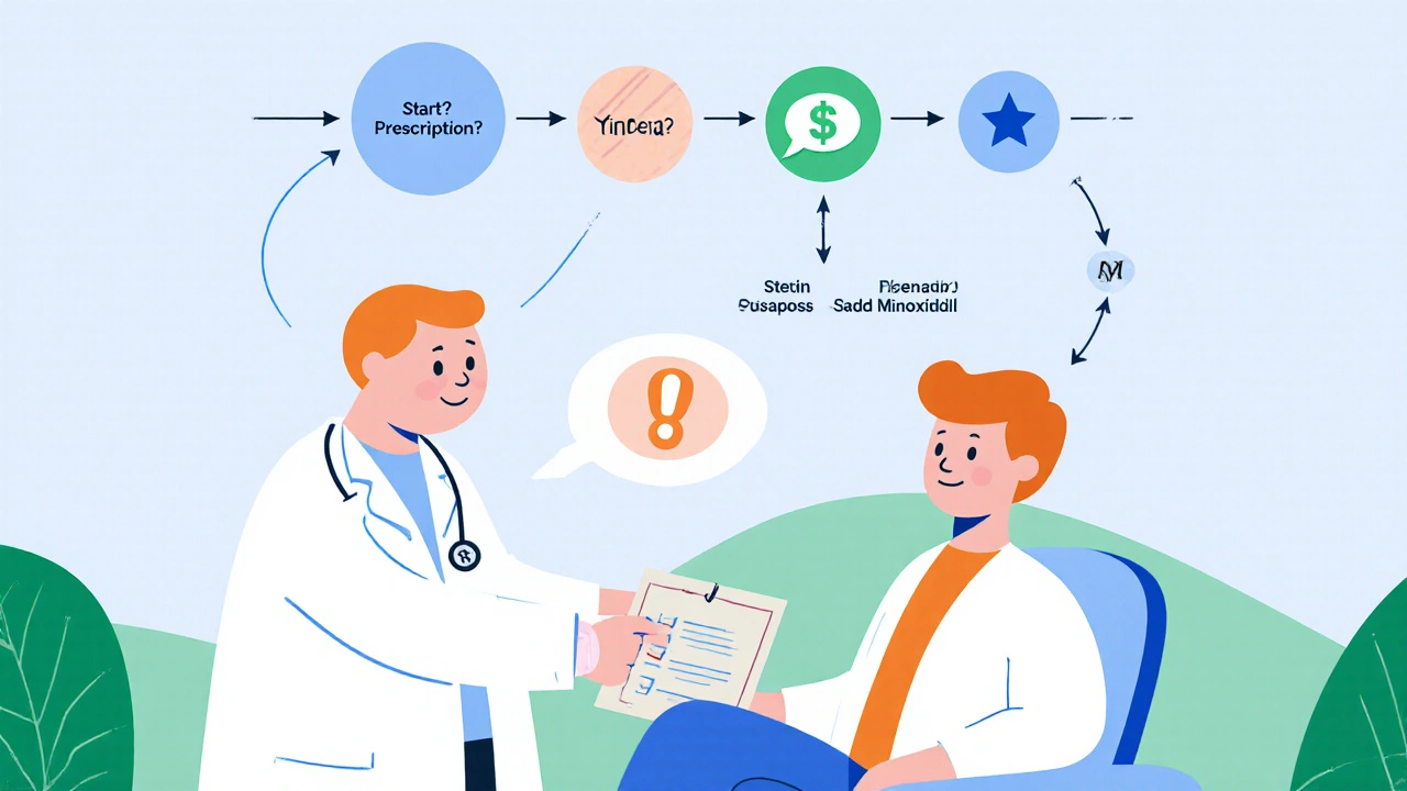 Doctor giving a checklist to patient with a simple flowchart showing treatment choices.