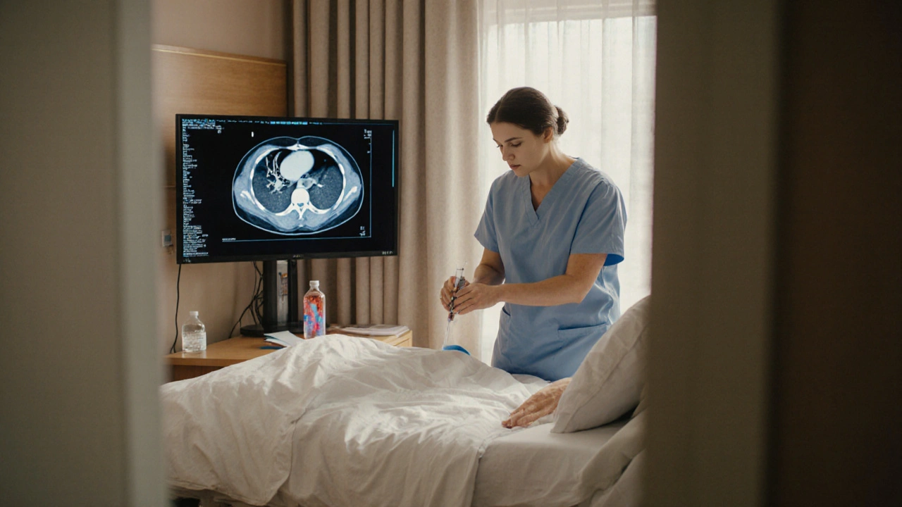 Doctor performing bone‑marrow biopsy while reviewing CT scan images.