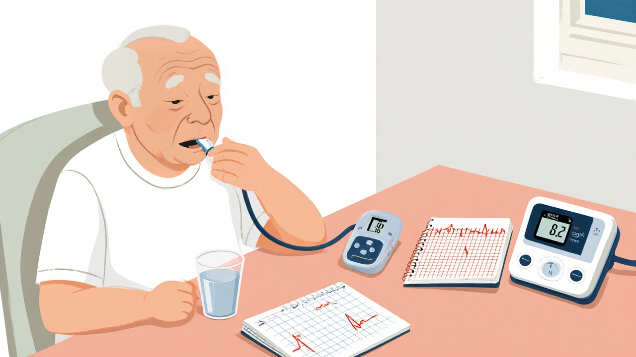 Elderly patient taking a tablet, checking blood pressure and ECG on a tidy table.