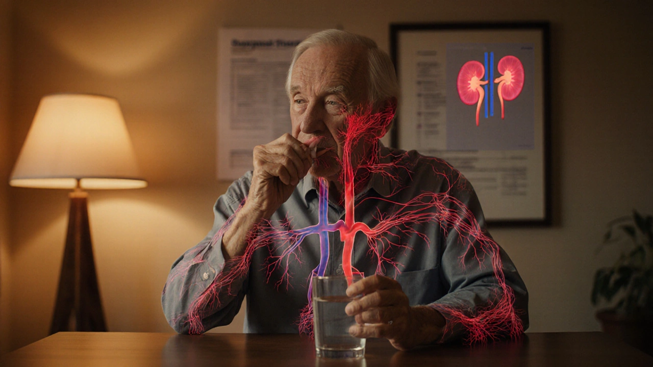 Elderly patient taking an Aceon tablet at a kitchen table with medical notes in the background.