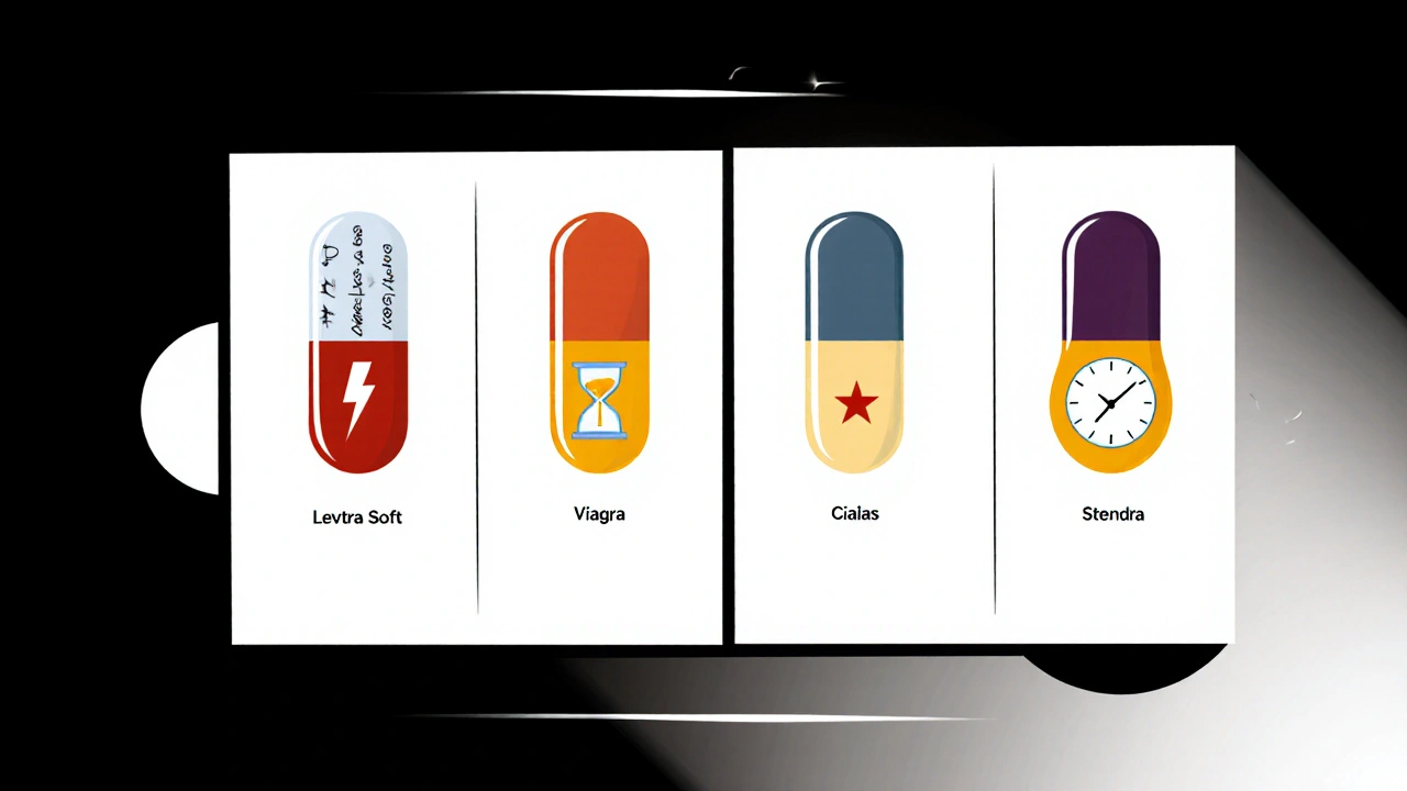 Four ED medications compared with speed icons in clean grid layout