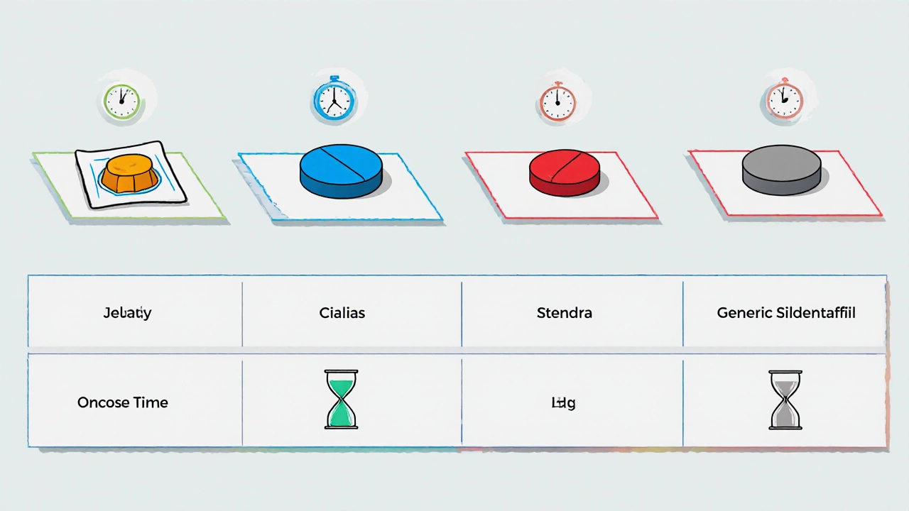 Grid of five ED medication forms with clocks and hourglasses, Swiss illustration style.