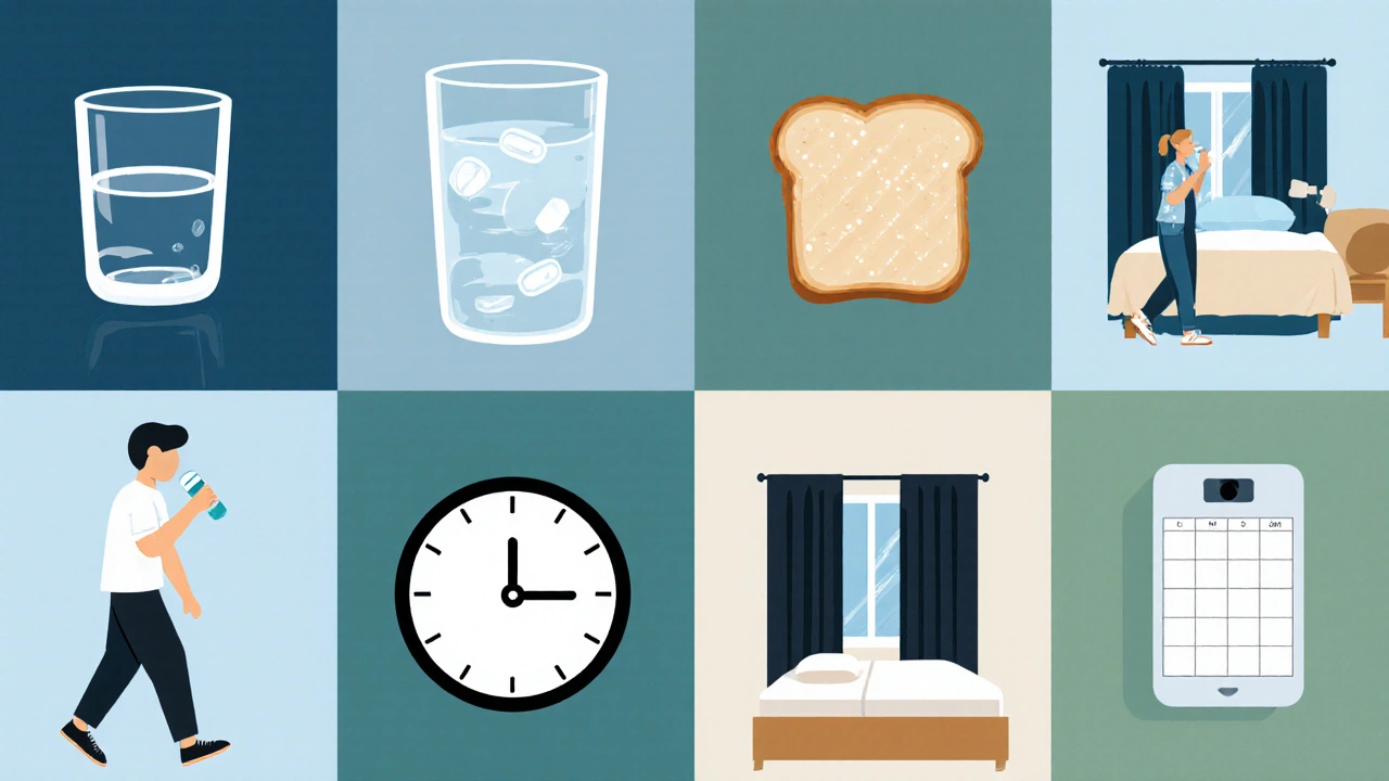 Grid of simple icons showing water, snack, timing, exercise, sleep, and weight tracking.