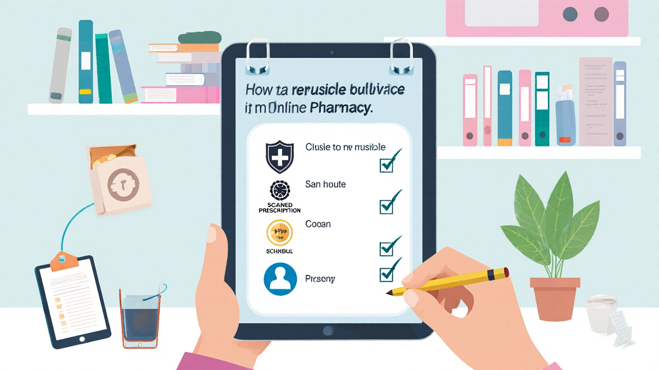 Hand checking a tablet checklist of secure website, accreditation, prescription, contact info, and pricing icons.