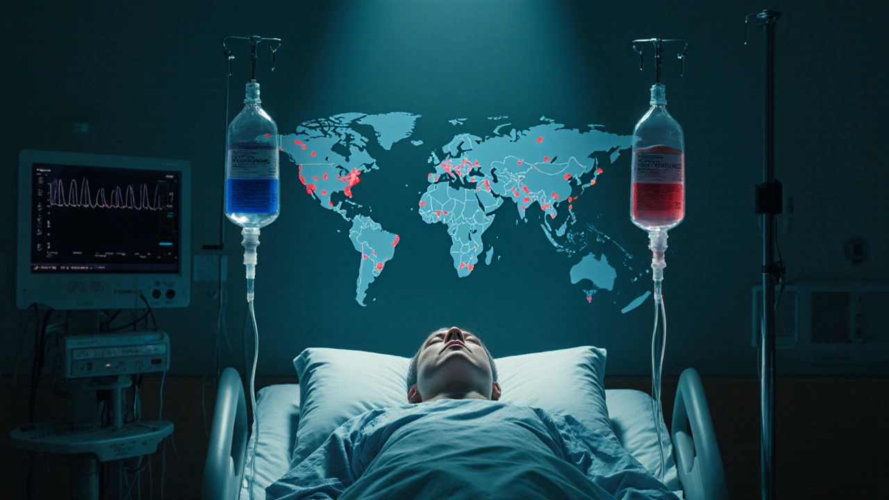 Hospital bed with two IV bags (blue and red) and a glowing resistance map in the background.