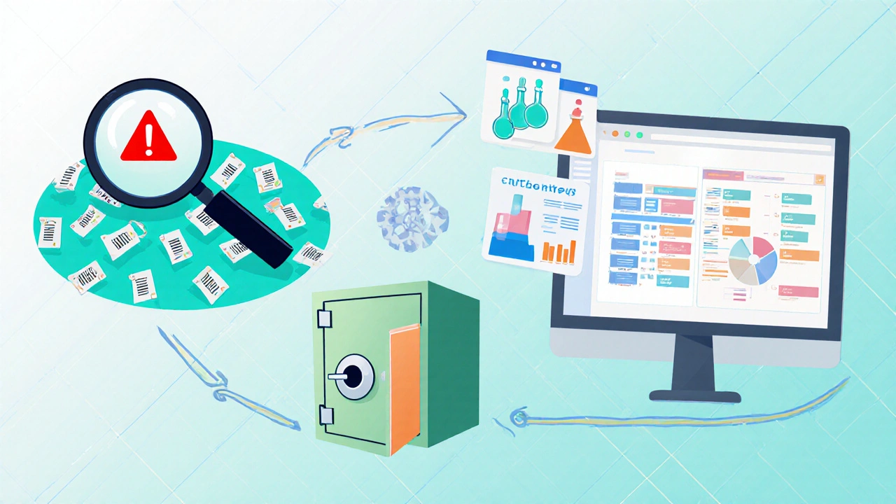Hybrid workflow shows claim alerts leading to registry data and joint statistical analysis.