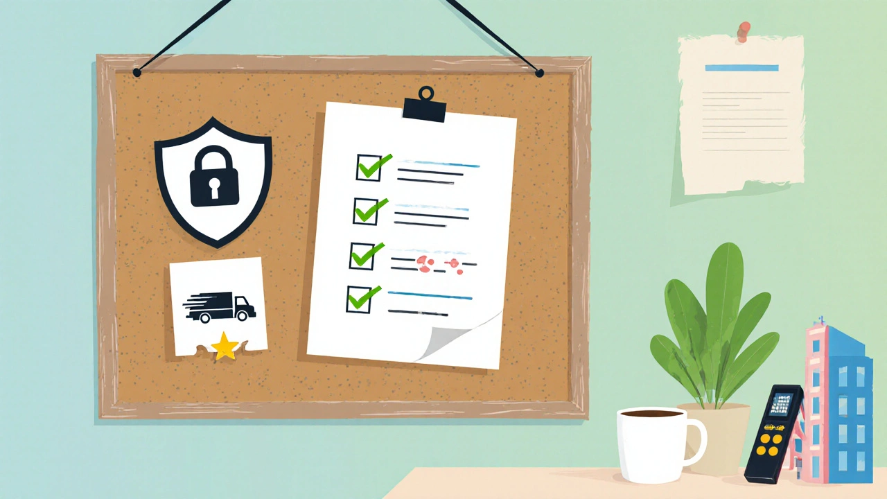Illustrated checklist with icons for security, prescription, shipping, rating, and contact details.