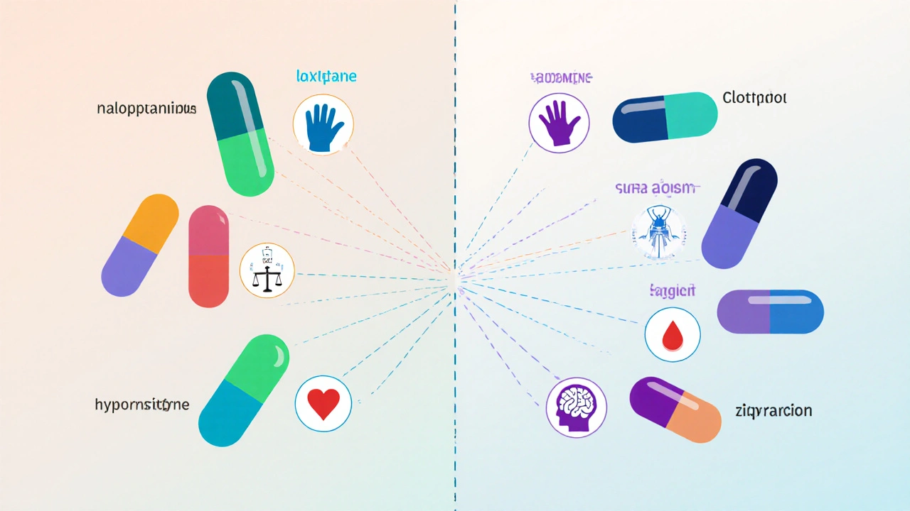 Illustrated split-screen showing eight drug capsules with icons for side effects like tremor and weight gain.
