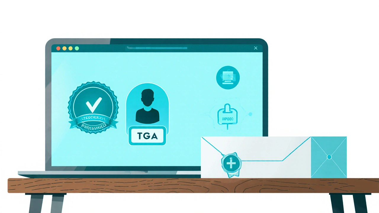 Laptop screen showing TGA badge and pharmacist icon with a discreet medication package beside it.