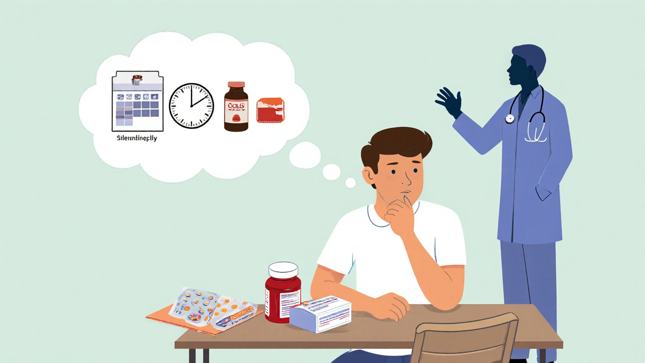 Man contemplating three ED options with icons for speed, duration, and cost, Swiss cartoon.