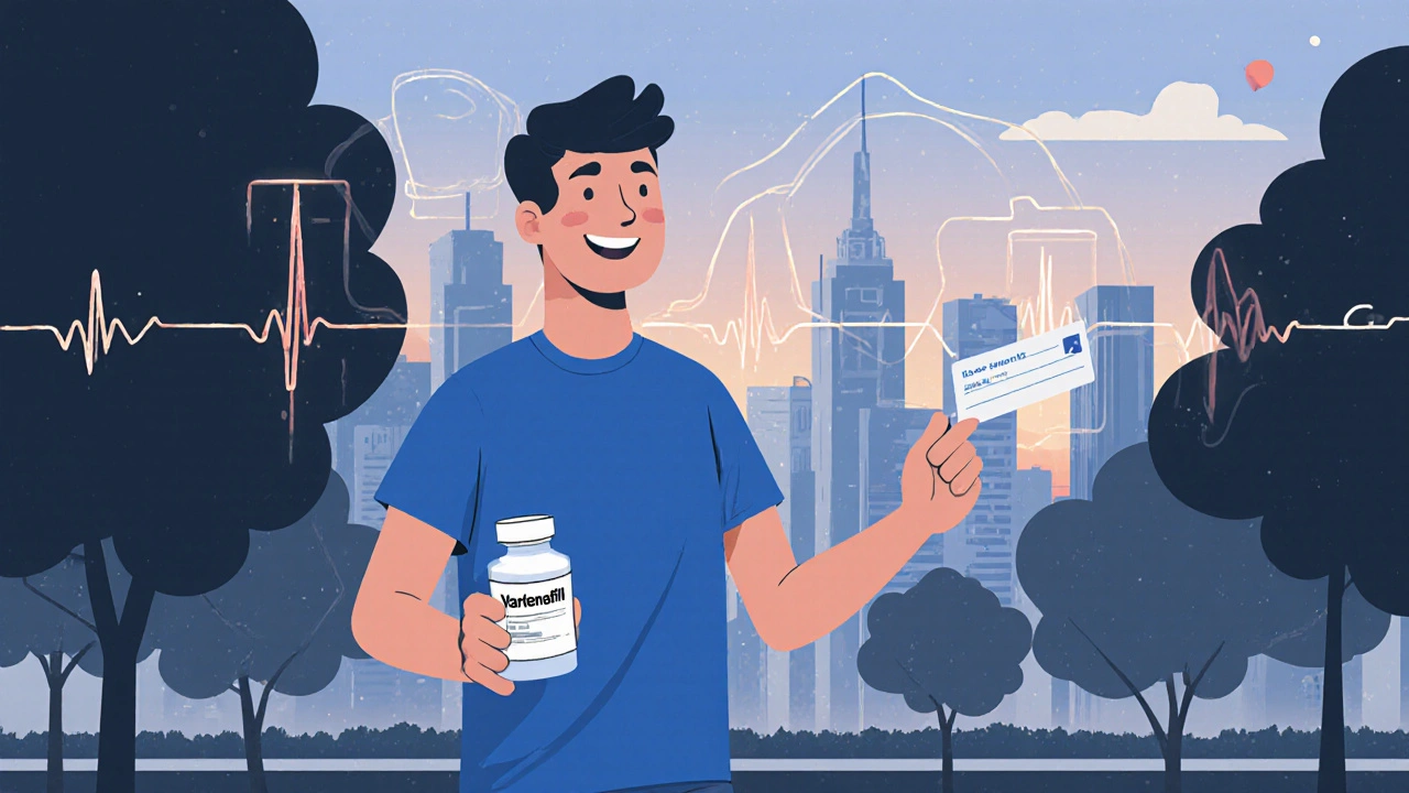 Man walking in park holding generic ED pill bottle and appointment card