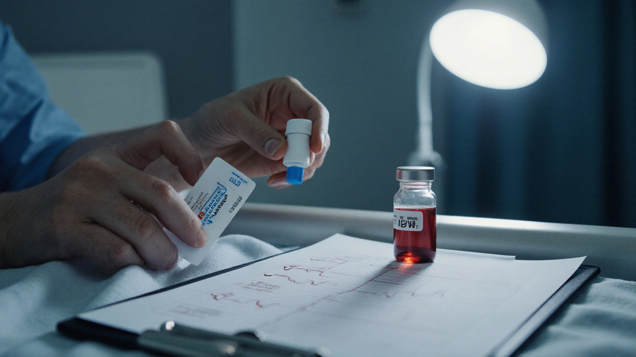 Patient&#039;s hands holding Loxitane and aripiprazole tablets with an ECG monitor and lab vial nearby.