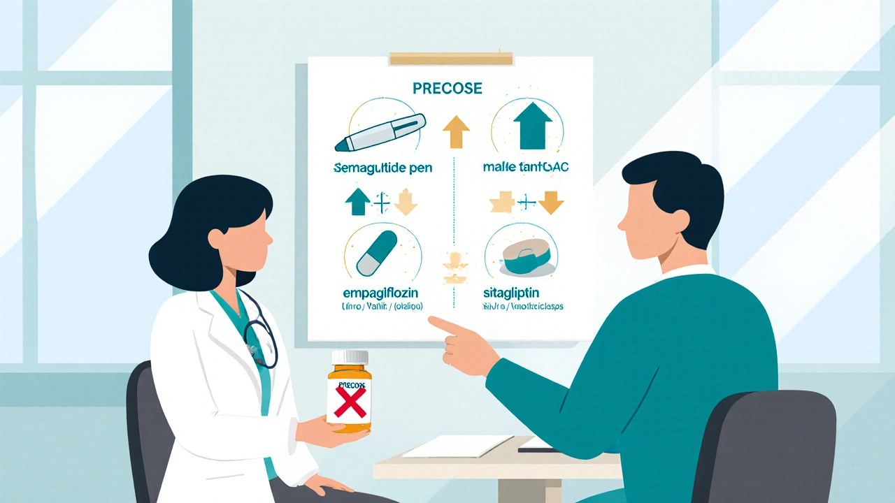 Patient and doctor comparing diabetes meds with visual icons