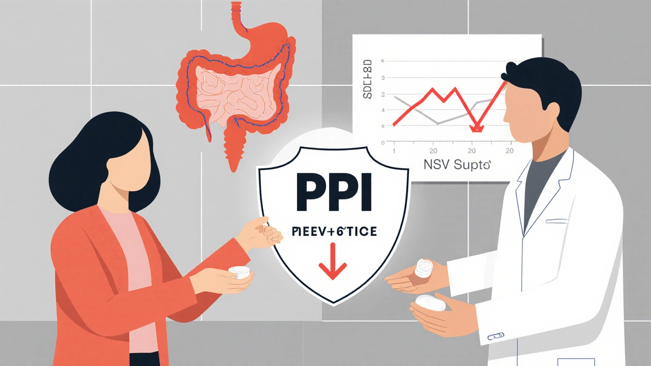 Patient and doctor with protective shield between SSRI and NSAID pills, reducing bleeding risk.