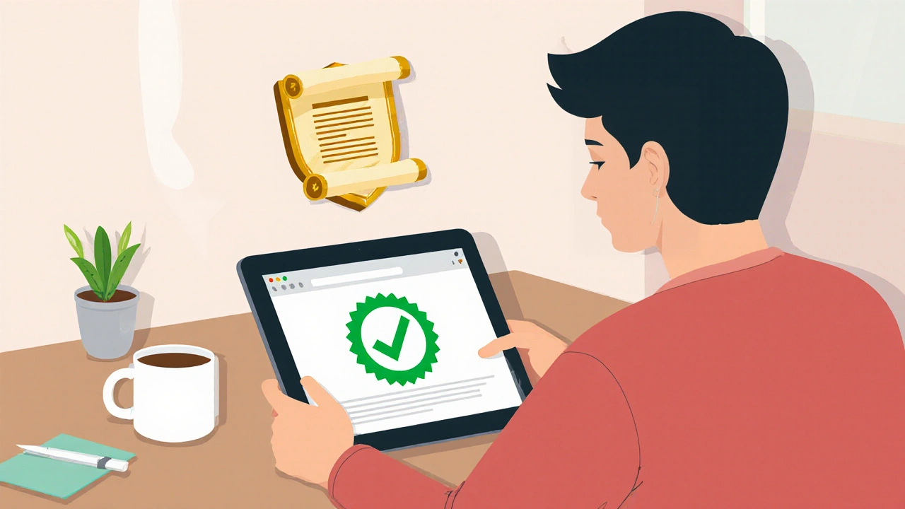 Person looking at a tablet showing a green checkmark badge and shield icon for pharmacy verification.