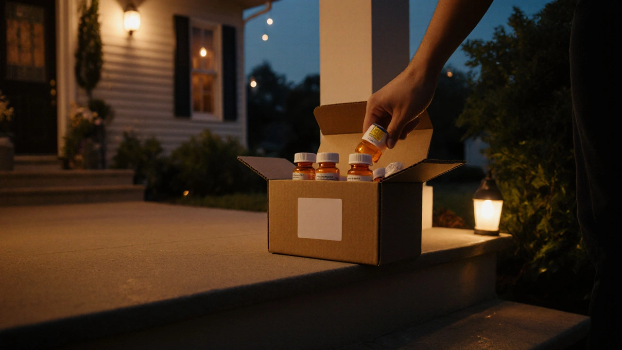 Person opening a discreet box on a porch, revealing generic pill bottles in warm evening light.