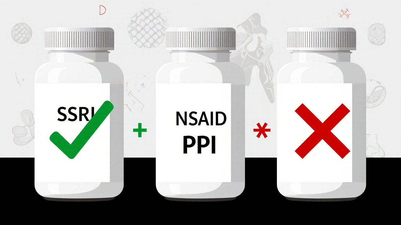 Pharmacy counter with pills: SSRI and NSAID crossed out, PPI connected with green checkmark.