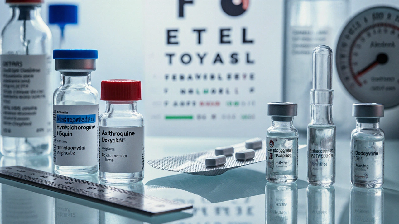 Photorealistic lab bench with Hsquin, chloroquine, azithromycin, doxycycline, remdesivir and favipiravir vials.