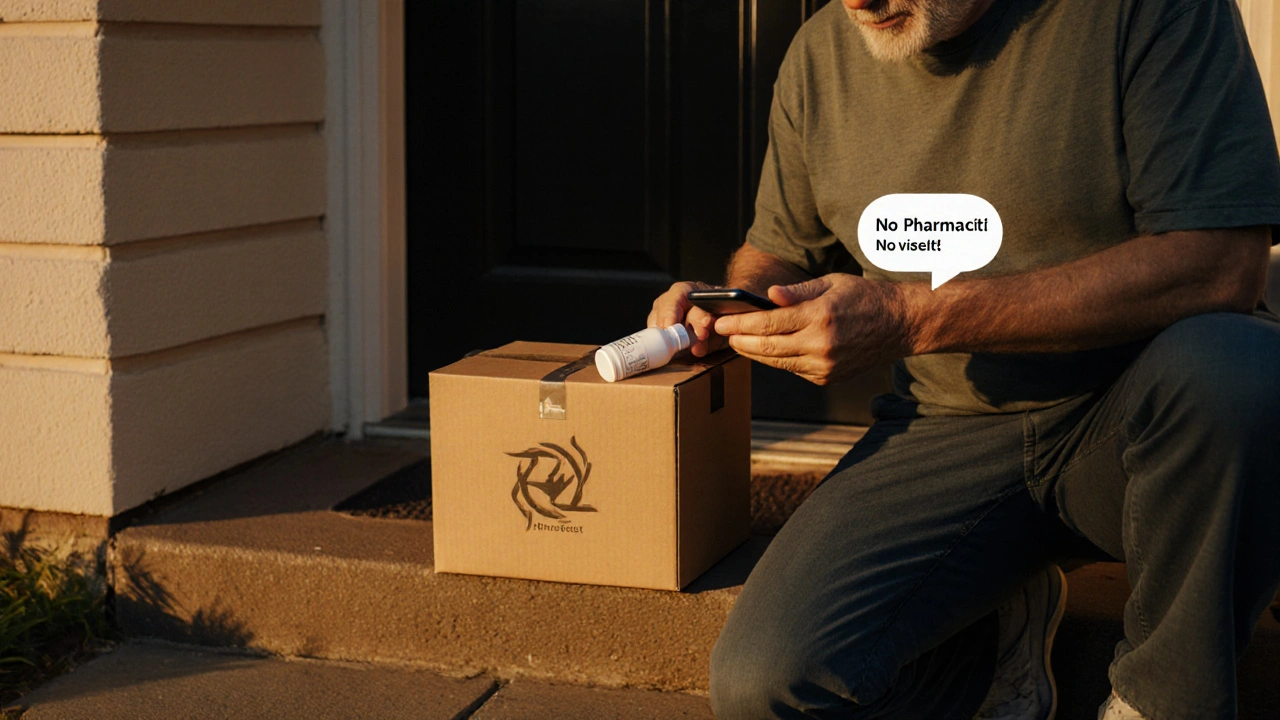 Recipient opens a parcel with a sealed pill bottle and chats with a pharmacist on a smartphone in evening light.