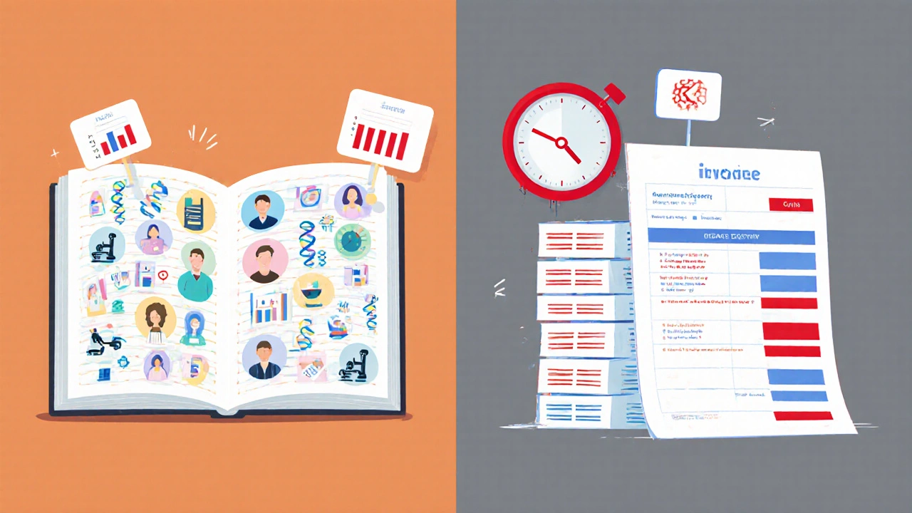Side‑by‑side illustration shows a detailed disease registry versus a massive claims data stack.