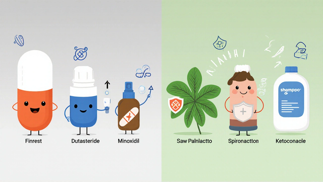 Six cartoon icons representing Finrest, Dutasteride, Minoxidil, Saw Palmetto, Spironolactone, and Ketoconazole shampoo.