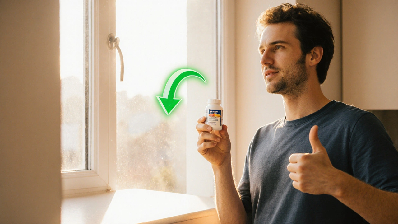 Smiling individual holding a generic pill bottle with a green downward arrow indicating lower cost.