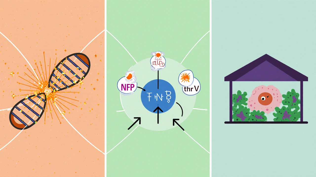 Three panels show ROS damaging DNA, cytokine signaling activating NF‑κB, and a supportive marrow niche.