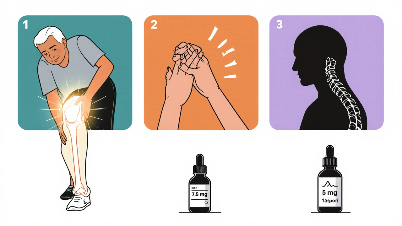 Three panels showing meloxicam helping knee, hands, and spine with dosage icons.