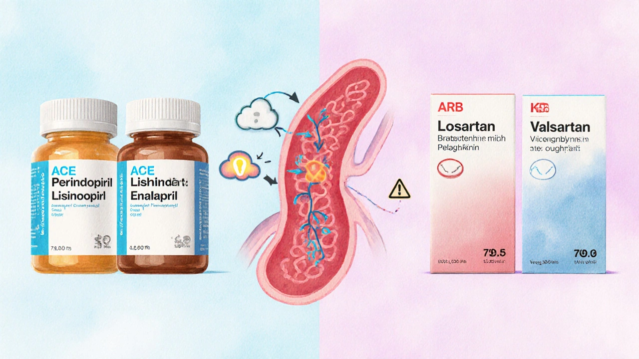 Watercolor illustration comparing ACE inhibitors and ARBs with icons for cough, cost, and artery effects.
