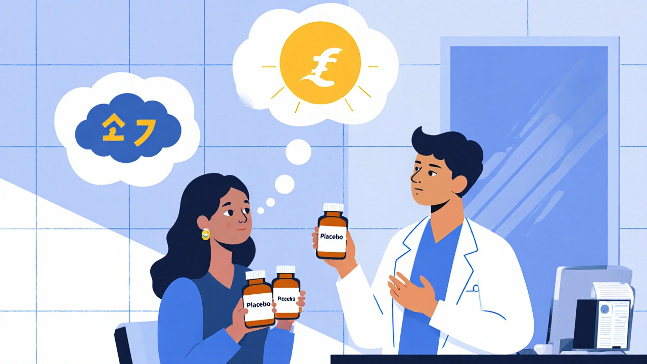 A doctor and patient in a clinic, discussing pills with a thought bubble shifting from negative to positive symbols.