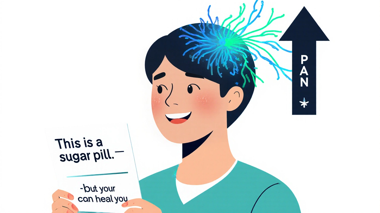 A patient reading about open-label placebos as neural pathways glow gently inside their head.