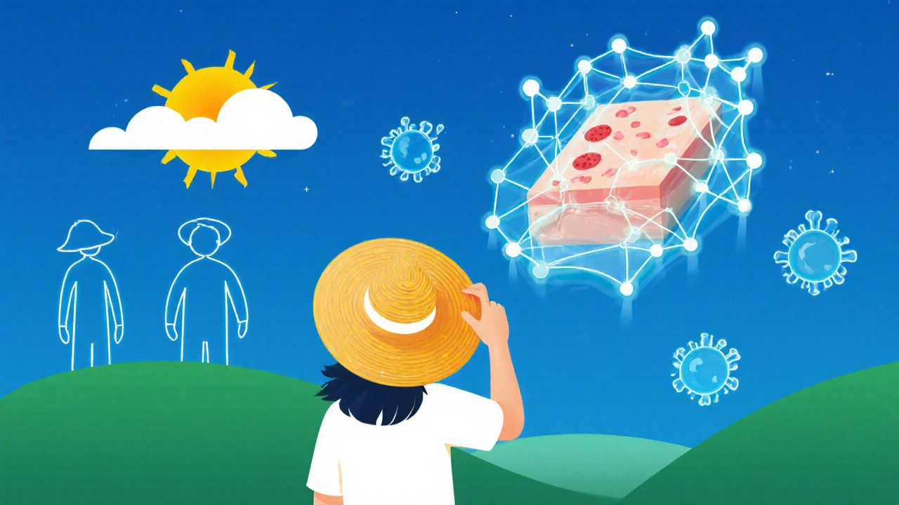 A person protected by sunscreen and immune cells, with fading lesions in Swiss minimalist style.