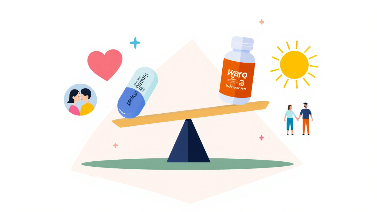 Balance scale comparing blood pressure meds: one side weighing down, the other lifting up with heart and sun icons.