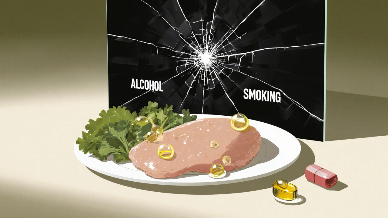 Balanced meal with healthy foods and vitamins, while alcohol and smoking shatter in the background.