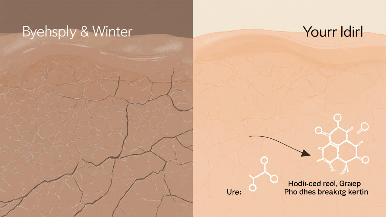 Before-and-after skin comparison with moisture and keratin breakdown illustrated in clean Swiss style