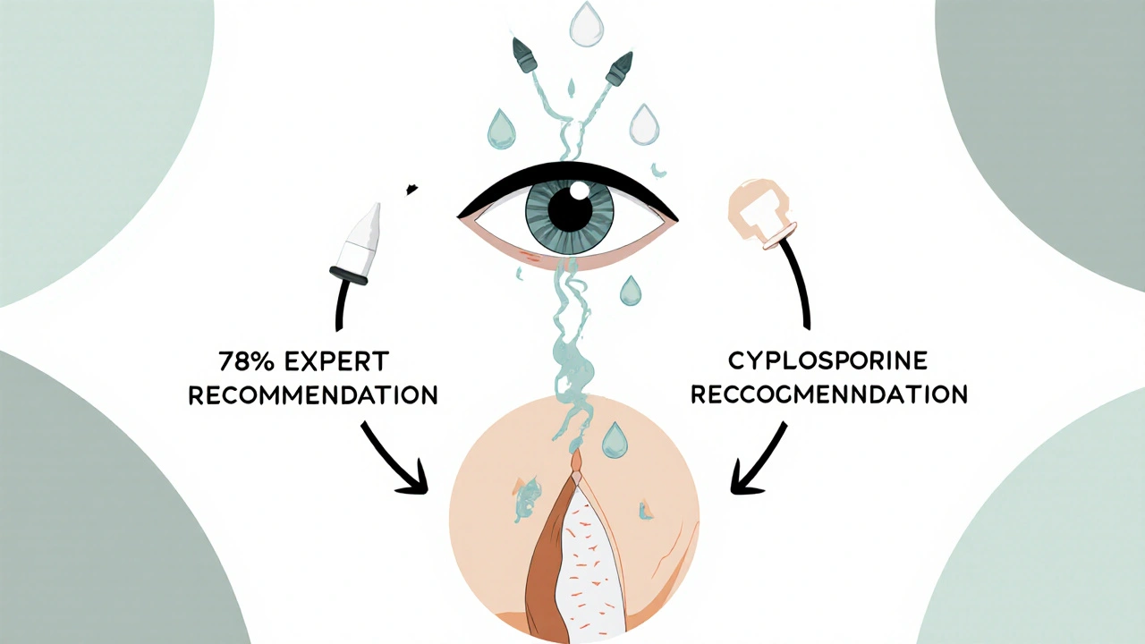 Central eye with punctal plugs and cyclosporine flow, surrounded by a diagram showing expert-recommended combination therapy.